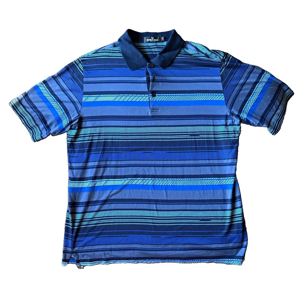 Bugatchi Uomo Men's L Blue Striped Logo Short Sleeve Collared Button Polo